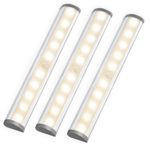 LE LED Closet Light, Motion Sensing Under Cabinet Lighting, 10-led Wireless Stick-on Anywhere Stair Lights, LED Light Bar with Magnetic Strip, Battery Operated, 3000K Warm White, Silver, 3-Pack