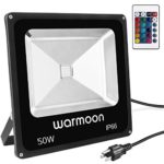 Warmoon Outdoor LED Flood Light, 50W RGB Color Changing Waterproof Security Lights with 3-Prong US Plug & Remote Control