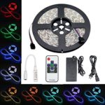 Ilyever Dimmable RGB Color Changing LED Strip Light With RF Remote Control,16.4ft/Waterproof 5M SMD5050 300LEDs,12V 5A Power Supply Plug in Led Tap Light,Decorative Light for Home,Garden,Kitchen,Car