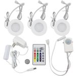 Set of 3 RGB+Warm White LED Under Cabinet Lighting Kit – 2Watt LED Puck Lights with IR Remote and UL-listed Power Adapter – RGBWW Multicolor for Surface and Recessed Mount