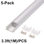 Keten 5 Pack 3.3FT/1M LED Aluminum Channel Profile for 3528 2835 5050 LED Strip Lights, U Shape Surface Mount LED Aluminum Extrusion with Milk White Cover, End Caps and Mounting Clips (Silver, 5-Pack)
