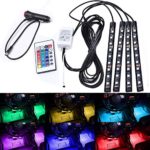 AMBOTHER 4x 12-Color 36-LED Car LED Interior Atmosphere Decorative Strip Lights, Glow Neon Floor Decoration Underdash Lighting Lamp Kits, with IR Wireless Remote Control & Car Charger DC 12V