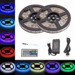 MENZO 2 Reels 10M 32.8ft Flexible LED Strip Light Kit, RGB Color Changing SMD 5050 600 LEDs Strip Kit with 44-key Mini IR Controller + 12V 5A Power Supply, Adhesive Light Strips