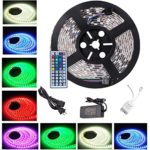TopAcce 16.4 ft 5M Waterproof 5050 SMD RGB LED Flexible Strip Light RGB Color Changing Decoration Lighting LED Strip Light + 44 key Remote Controller+ US Power Adapter
