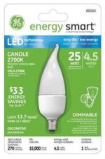 GE Lighting 68165 Energy smart LED 4.5-Watt (25-watt replacement) 270-Lumen Bent Tip Light Bulb with Candelabra Base, 1-Pack