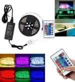 Strip Light Kit LED Strip 16.4ft/5m Flexible LED Light Strips 300 Units SMD 5050 LEDs 12V DC RGB Waterproof with 24 Keys IR Remote Controller and 12V 5A Power Supply for Gardens/Homes/Kitchen/Cars/Bar