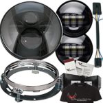 Eagle Lights 7″ Round LED Headlight Kit 8700 Daymaker with Matching Passing Lights Chrome Adapter Ring, Adapter Plug and Free T-Shirt (Black)