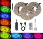 QUNTIS LED Strips Lights, RGB High Density Dimmable 16.4FT 5M Indoor Outdoor SMD 5050 Color Wire Rope Lights 300LEDS with 44 Key IR Remote Power Supply Waterproof IP65