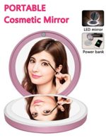 BMK LED Lighted Makeup Mirror Portable Double Sided Folding Compact Cosmetic Mirror Travel Handheld with Power Bank 3000mAh (Pink)