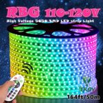 IEKOV™ AC 110-120V Flexible RGB LED Strip Lights, 60 LEDs/M, Waterproof, Multi Color Changing 5050 SMD LED Rope Light + Remote Controller for Party Home Decoration (164ft/50m)