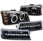 ZMAUTOPARTS 2003-2006 Chevy Silverado / Avalanche Halo LED Projector Headlights with LED Bumper Lights Black