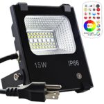 Yangcsl 15W Waterproof Color Changing LED Flood Light with Remote Control, RGB + CCT (2800K-6500K), 120 Colors Choice, US 3-Plug