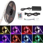 Music LED Light Strip,SOLMORE Sound Activated RGB 16.4ft/5M SMD5050 300 Leds Strip Kit,Waterproof Strip Lights,Flexible Rope Light with 24 key IR Controller+12V 5A Power Supply Home Kitchen DIY Lights