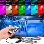 Car Inside Lights, Karono 4pcs 8 Color Changing Led Car Interior Lights Under Dash Neon Strip Lighting Kit with Sound Active Function and Wireless Remote Control