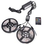 NEWSTYLE 2 Reels 12V 32.8Ft Flexible RGB LED Strip Light Kit, Multi-colored, 300 PCS 5050 LEDs, LED Strip Kit & 2-ports 20key IR Music Remote, 12V Power Supply, IP65 Waterproof, Adhesive Light Strips