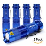 Mikafen 5 Pack Mini Cree Q5 LED Flashlight Torch 7w 300lm Adjustable Focus Zoomable Light (Blue)