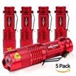 Mikafen 5 Pack Mini Cree Q5 LED Flashlight Torch 7w 300lm Adjustable Focus Zoomable Light (Red)