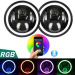 Aukmak 7 inch LED Headlights RGB Halo Ring Angel Eyes 7” Round Multicolor DRL Bluetooth Remote Control for Jeep Wrangler JK LJ CJ 1997 ~ 2016 (pack of 2)