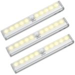 AMIR 10 LED Motion Sensing Closet Lights, 3 Pack DIY Stick-on Anywhere Portable 10-LED Wireless Cabinet Night/ Stairs/ Step Light Bar with Magnetic Strip, Puck Lights (Battery Operated) Warm White