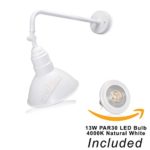 10″ White Barn Light Fixture with Adjustable 19 3/4″ Curved Arm and PAR30 LED Bulb Included – 800 lumens – Indoor/Outdoor Use – Sign Lighting – LED Wall Lamps (4000K Natural White)