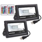 Ustellar 2 Pack 15W RGB LED Flood Lights, Outdoor Color Changing Floodlight With Remote Control, IP66 Waterproof 16 Colors 4 Modes Dimmable Wall Washer Light, Stage Lighting with US 3-Plug