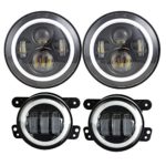 Dot Approved 7inch Jeep Daymaker LED Headlights with White DRL/Amber Turn Signal + 4 inch LED Fog Lights with White DRL Halo Ring for Jeep Wrangler 97-2017 JK LJ Tj