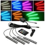 Car LED Strip Light, Waterproof 4pcs 9LED RGB Car Interior Floor Atmosphere Neon Strip Lights with Wireless Remote Control and Car Charger