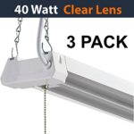 3PK LED 4ft Utility Shop Light-40W, 5000K, Linkable, Clear Lens, 4500LM, Replaces 4 Foot Fluorescent, Garage Shoplight Ceiling Fixture, Pull Cord Chain, Plug In