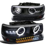 Chevy Tahoe Suburban Black LED Halo Projector Headlights+LED Bumper Lights