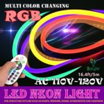 LED NEON LIGHT, IEKOV™ AC 110-120V Flexible RGB LED Neon Light Strip, 60 LEDs/M, Waterproof, Multi Color Changing 5050 SMD LED Rope Light + Remote Controller for Home Decoration (16.4ft/5m)