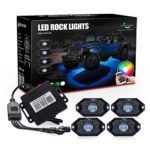 MICTUNING 2nd-Gen RGB LED Rock Lights with Bluetooth Controller, Timing Function, Music Mode – 4 Pods Multicolor Neon LED Light Kit