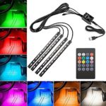 Car Interior Light, EECOO 4pcs Car LED Light Strip Music LED Lighting Kit Underdash Lights with Sound Active Function, Wireless Remote Control and Smart USB Port (8 colors,48LEDs)