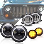 7IN Round 8700-A Black LED Headlights White & Amber Halo W/4 Inch HALO LED Fog Lights Turn Lamp Indicator Side Maker Parking Lights for Jeep Wrangler 97-2017 JK LJ Tj CJ JKU Sahara Rubicon unlimited