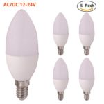 3W E12 Candle Lamp Low Voltage DC 12V 24V Candelabra Base Bulbs 350LM 3000K Replacement 30W Halogen Light with Frosted Case 5 Pack