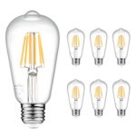 Ascher E26 LED Light Bulbs, 8W, Equivalent 75W, 1000lm, Warm White 2700K, ST58 Edison Bulb, Vintage Filament Clear Glass, Non Dimmable, Pack of 6