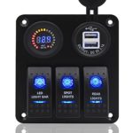 Switch Panel, FABOOD 3 Gang Waterproof Rocker Switches Panel with DC 12V Digital Voltmeter / 3.1A Dual USB and 3 LED Lights Switchs for Marine Boat Car RV