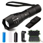LED Tactical Flashlight – Juzihao JM-T6 Super Bright 1000 Lumens 5 Modes Mini CREE LED Zoomable Flashlights, Water Resistant Portable Camping Torch Light with Rechargeable 18650 Batteries and Charger
