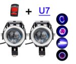 125W Motorcycle LED Headlight Cree U7 Fog Lamp Front Spot Light strobe flashlight DRL Spotlight Driving Daytime Lights with blue Angel Eyes Ring with Switch(pack of 2)