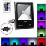 50W Remote Control RGB Dimmable Color Changing Waterproof LED Flood Light Wall Mounted with US 3-Plug 16Colors&4Modes,IP66 Waterproof for Building,Lawn,Bridge,Indoor/Outdoor Holiday Decoration