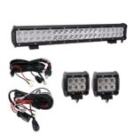 [Hook All 3 Lights] Bangbangche 20” 126W Combo CREE Led Light Bar, 2X 4” 18W Flood Cree Pods Lights with 2X 10FT Wring Harness for Jeep Boat Tractor Trailer Off road Truck