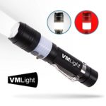 VMLight Cree LED USB Rechargeable Tactical Flashlight Travel Camping Torch Adjustable Focus Waterproof Battery 18650 Included, Night Light Option 3 Mode High Bright XML T6, 500 Lumen, White/Red