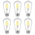 Ascher E26 LED Light Bulbs, 8W, Equivalent 75W, 1000lm, Daylight White 5000K, ST58 Edison Bulb, Vintage Filament Clear Glass, Non Dimmable, Pack of 6
