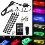 Car LED Strip Lights,Huitomo 4pcs 48 LED Multicolor Music Car Interior Light LED Under Dash Lighting Waterproof Kit with Sound Active Function and Wireless Remote Control,Dual USB Car Charger Included