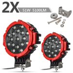 2PACK 7″ LED Offroad Pod Lights Bar 51W with Mounting Bracket, Red Round Spot Bumper Driving Lamp Headlight Fog Light for Offroader, Truck, Car, ATV, SUV, Jeep, Construction, Camping, Hunters