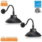 2 PACK – 14in. Black Gooseneck Barn Light LED Fixture for Indoor/Outdoor Use – Photocell Included – Swivel Head – 42W – 3800lm – Energy Star Rated – ETL Listed – Sign Lighting – 3000K (Warm White)