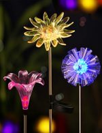 BRIGHT ZEAL [Set of 3] LED Color Changing Solar Stake Lights Outdoor – Solar Light LED Garden Decor Statues (DANDELION, LILY, SUNFLOWER) – Patio Lights LED Outdoor Multicolor Changing LED Lights