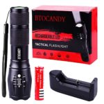BTOCANDY Tactical Flashlight, 1000 Lumens T6 Led Bulb Waterproof Zoomable Adjustable Flashlight Rechargeable 18650 Lithium Battery With Charger