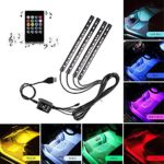 Car LED Strip Light, RGB 4pcs 48LED Multicolor Music Car Interior Lights Under Dash Lighting Waterproof Kit With Sound Active Function and Wireless Remote Control, DC 12V (USB Cable)