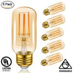 Emotionlite Vintage Light Bulb E26, LED Edison Bulb Dimmable, Amber Glow, 4W (40W Equivalent), E26 Base, 300LM, 2200K Ultra Warm, Tubular, 6 Pack, UL Listed