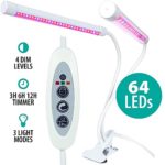 Dual head 64 LED Plant Grow Light with Timer, Dimmer, Light-Setting. 15” Adjustable Metal Gooseneck. 12” Extra-long Bulb Tube. 18W Full Spectrum Red/Blue Grow Lamp for Indoor, Desk, Wall, House Plants